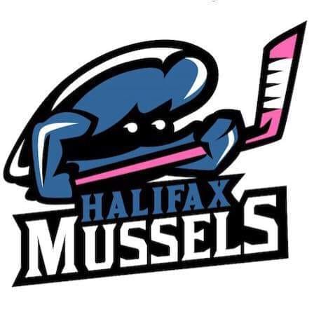 halifax mussels logo - bivalve with a pink hockey stick